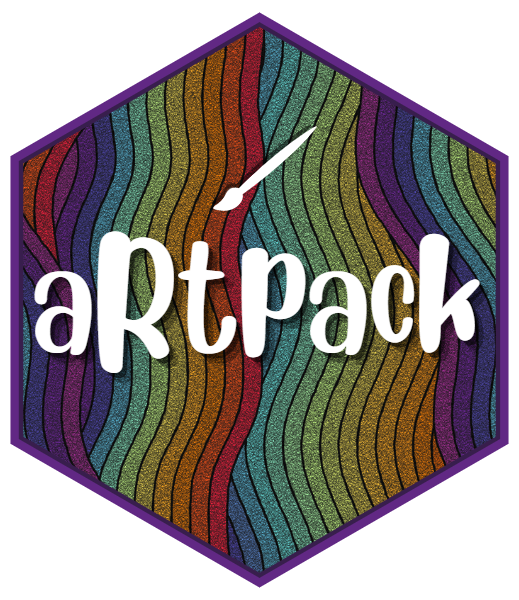 aRtpack R package logo featuring white text over a hexagonal badge with flowing, curved lines in rainbow colors including purple, blue, green, yellow, orange, and red, creating a dynamic swirled pattern against a purple border